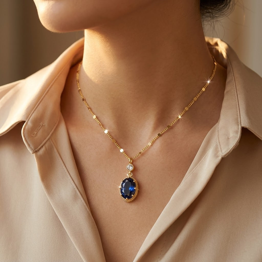 Oval Pendant Necklace in Gold and Sapphire