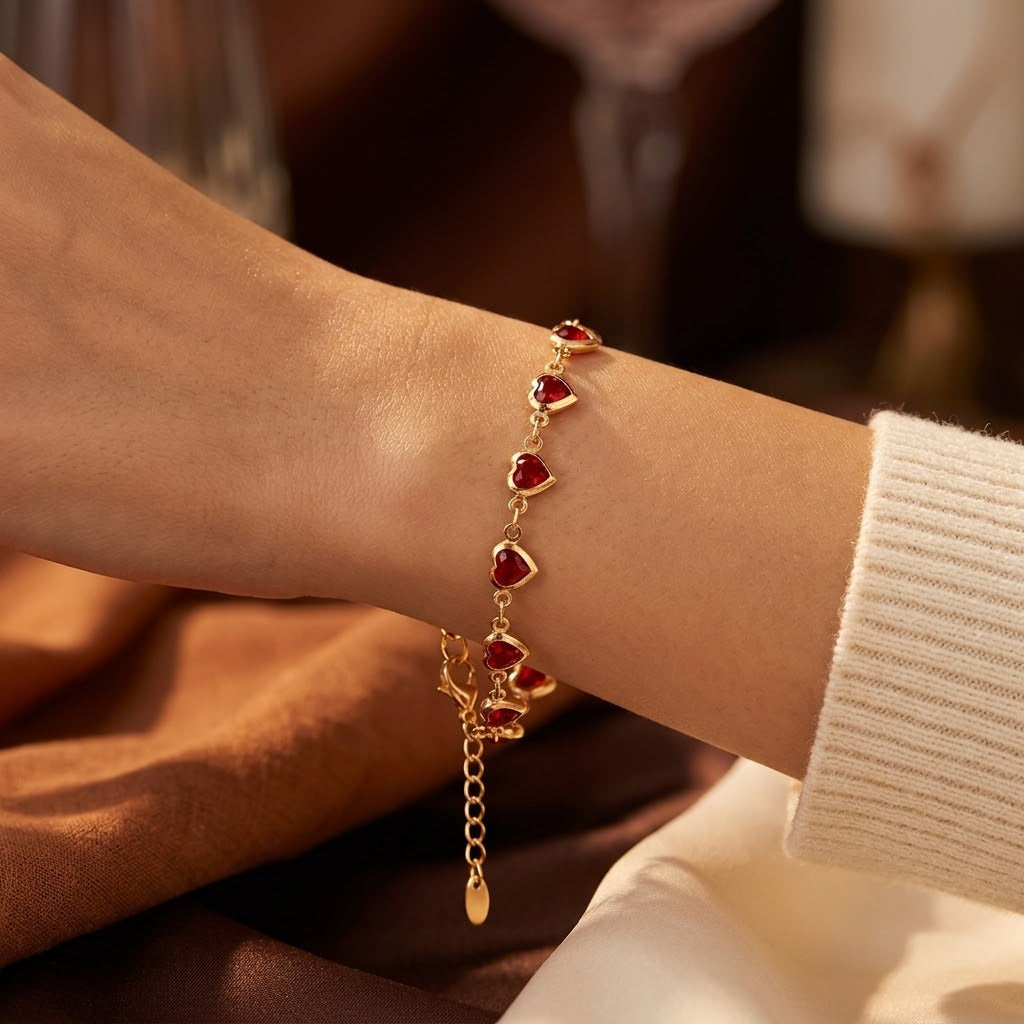Golden Ruby Heart Chain Bracelet