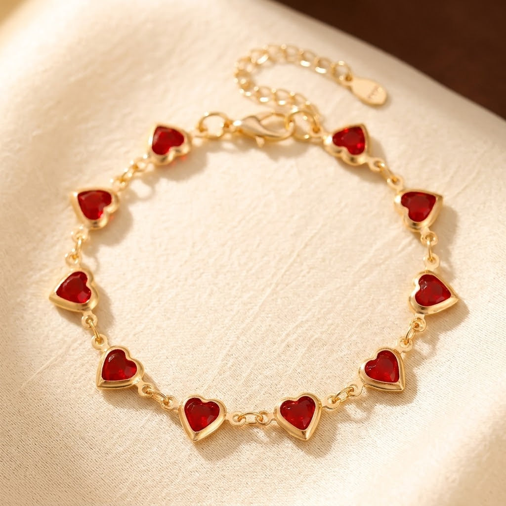Golden Ruby Heart Chain Bracelet