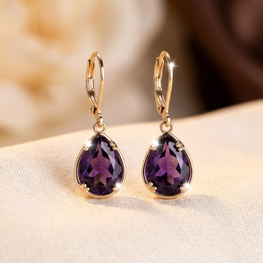 Gold Earrings with Amethyst Drop